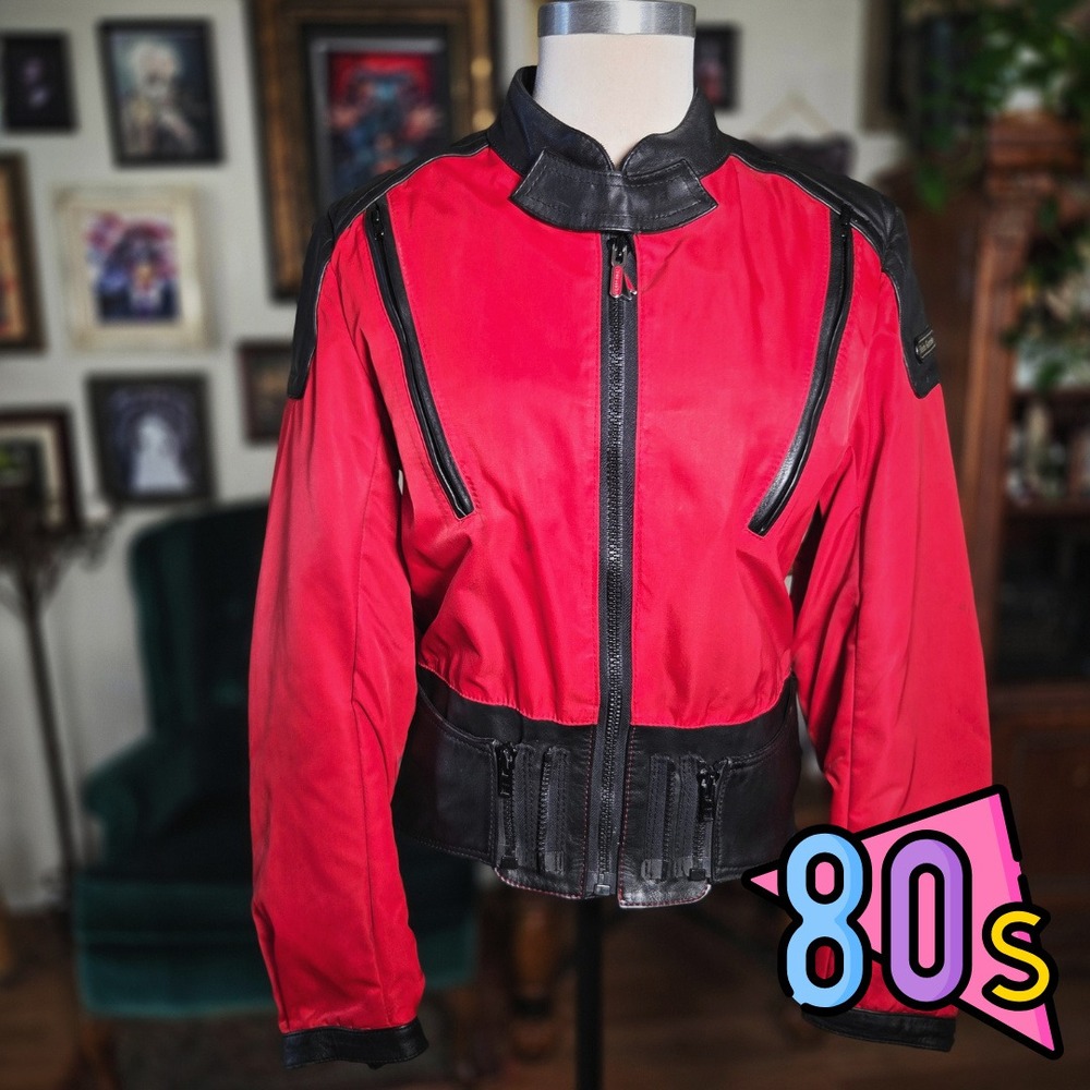 Hein Gericke Motorcycle Jacket Vintage 80s Red Black Leather Biker Moto Mens M